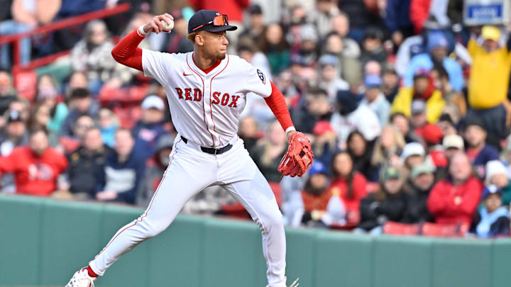 Apr 10, 2025; Boston, Massachusetts, USA; Boston Red Sox second baseman Kristian Campbell (28) throws the ball to first base for an out during the third inning against the Toronto Blue Jays at Fenway Park. Mandatory Credit: Eric Canha-Imagn Images