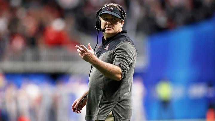 Dec 31, 2022; Atlanta, Georgia, USA; Georgia Bulldogs head coach Kirby Smart looks on against the Ohio State Buckeyes during the second half of the 2022 Peach Bowl at Mercedes-Benz Stadium. Mandatory Credit: Brett Davis-Imagn Images