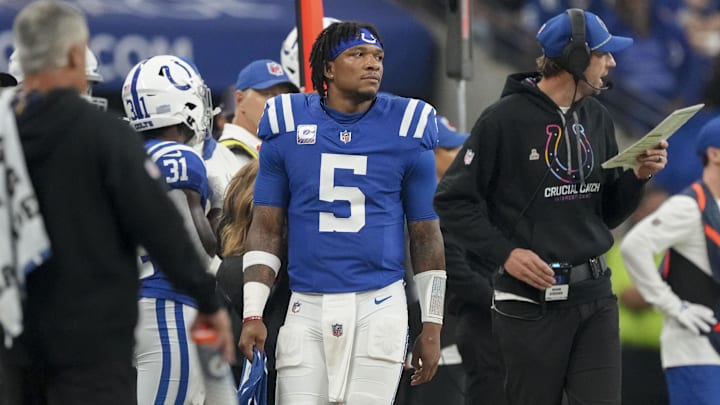Sep 29, 2024; Indianapolis, Indiana, USA;  Indianapolis Colts quarterback Anthony Richardson (5) walks the sidelines Sunday, Sept. 29, 2024, during a game against the Pittsburgh Steelers at Lucas Oil Stadium. Mandatory Credit: Christine Tannous-USA TODAY Network via Imagn Images