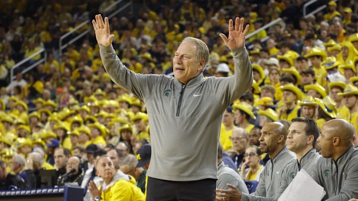 Feb 21, 2025; Ann Arbor, Michigan, USA; Michigan State Spartans head coach Tom Izzo looks on during the first half against the Michigan Wolverines at Crisler Center. Mandatory Credit: Brian Bradshaw Sevald-Imagn Images