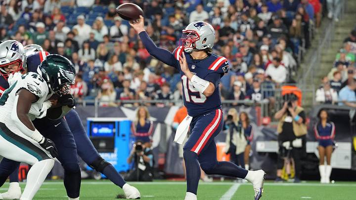 Aug 22, 2026; Foxborough, Massachusetts, USA;  New England Patriots quarterback Behren Morton (15) throws against the Philadelphia Eagles during the second half at Gillette Stadium.  Mandatory Credit: Gregory Fisher-Imagn Images