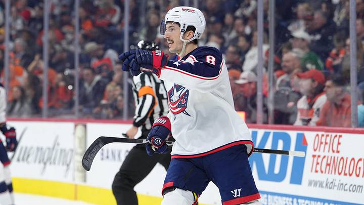 Mar 24, 2026; Philadelphia, Pennsylvania, USA; Columbus Blue Jackets defenseman Zach Werenski (8) reacts after scoring a goal against the Philadelphia Flyers in the second period at Xfinity Mobile Arena. Mandatory Credit: Kyle Ross-Imagn Images