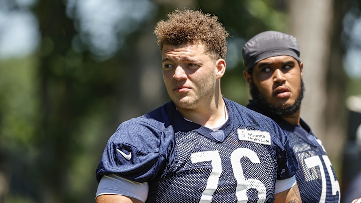 Jun 16, 2021; Lake Forest, Illinois, USA; Chicago Bears Teven Jenkins looks on during minicamp at Halas Hall. Mandatory Credit: Kamil Krzaczynski-Imagn Images