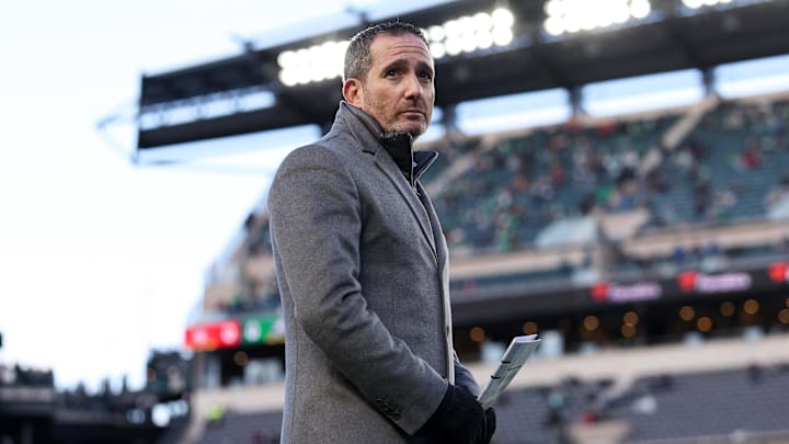 Jan 11, 2026; Philadelphia, PA, USA; Philadelphia Eagles general manager Howie Roseman looks on during warmups prior to an NFC Wild Card Round game against the San Francisco 49ers at Lincoln Financial Field. Mandatory Credit: Bill Streicher-Imagn Images
