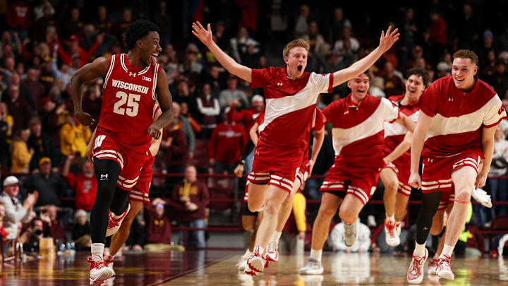 Jan 13, 2026; Minneapolis, Minnesota, USA; Wisconsin Badgers guard John Blackwell (25) celebrates his game winning three-point basket against the Minnesota Golden Gophers during the second half at Williams Arena. 