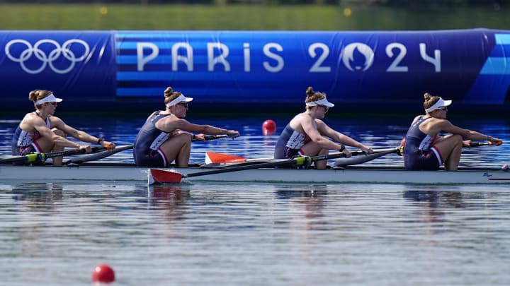 Jul 30, 2024; Vaires-sur-Marne, France; Emily Kallfelz, Kelsey Reelick, Daisy Mazzio-Manson, and Kate Knifton of the Unites States compete in womenís quadruple sculls during the Paris 2024 Olympic Summer Games at Vaires-sur-Marne Nautical Stadium. Mandatory Credit: Sarah Phipps-USA TODAY Sports Jul 30, 2024; Vaires-sur-Marne, France; Emily Kallfelz, Kelsey Reelick, Daisy Mazzio-Manson, and Kate Knifton of the Unites States compete in womenís quadruple sculls during the Paris 2024 Olympic Summer Games at Vaires-sur-Marne Nautical Stadium. Mandatory Credit: Sarah Phipps-USA TODAY Sports