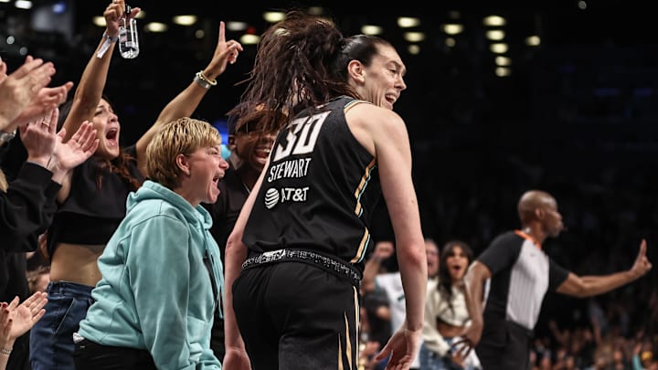 New York Liberty forward Breanna Stewart (30) celebrates.