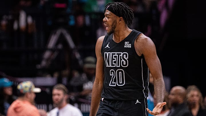 Mar 8, 2025; Charlotte, North Carolina, USA; Brooklyn Nets center Day'Ron Sharpe (20) argues for a foul during the third quarter against the Charlotte Hornets at Spectrum Center. Mandatory Credit: Scott Kinser-Imagn Images Mar 8, 2025; Charlotte, North Carolina, USA; Brooklyn Nets center Day'Ron Sharpe (20) argues for a foul during the third quarter against the Charlotte Hornets at Spectrum Center. Mandatory Credit: Scott Kinser-Imagn Images
