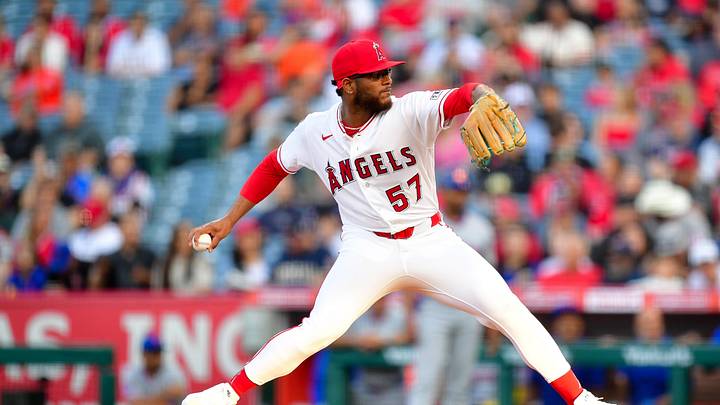 May 1, 2026; Anaheim, California, USA; Los Angeles Angels pitcher Walbert Urena (57) throws against the New York Mets during the first inning at Angel Stadium. Mandatory Credit: Gary A. Vasquez-Imagn Images