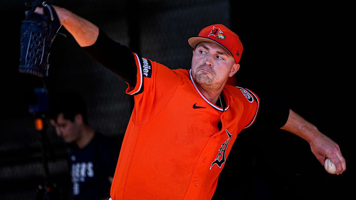 Detroit Tigers pitcher Tarik Skubal practices during spring training at TigerTown in Lakeland, Fla. on Friday, Feb. 20, 2026.