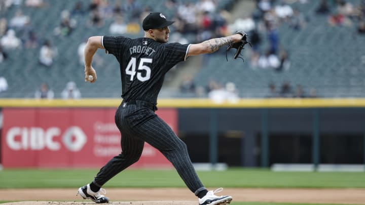 Apr 29, 2024; Chicago, Illinois, USA; Chicago White Sox starting pitcher Garrett Crochet (45) delivers a pitch against the Minnesota Twins during the first inning at Guaranteed Rate Field. Mandatory Credit: Kamil Krzaczynski-USA TODAY Sports