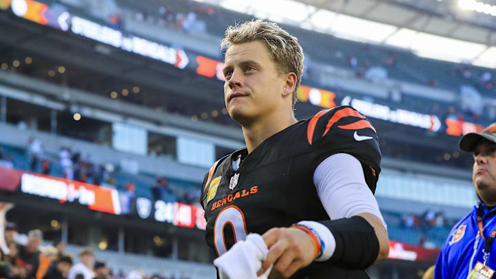 Nov 3, 2024; Cincinnati, Ohio, USA; Cincinnati Bengals quarterback Joe Burrow (9) walks off the field after the victory over the Las Vegas Raiders at Paycor Stadium. Mandatory Credit: Katie Stratman-Imagn Images