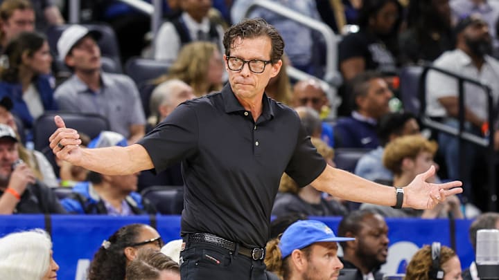 Apr 8, 2025; Orlando, Florida, USA; Atlanta Hawks head coach Quin Snyder motions to the bench during the second half against the Orlando Magic at Kia Center. Mandatory Credit: Mike Watters-Imagn Images