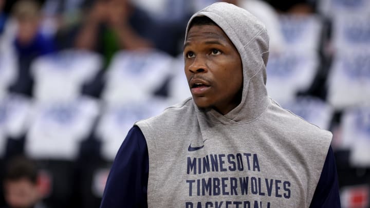 May 30, 2024; Minneapolis, Minnesota, USA; Minnesota Timberwolves guard Anthony Edwards (5) warms up before game five of the western conference finals for the 2024 NBA playoffs against the Dallas Mavericks at Target Center. Mandatory Credit: Jesse Johnson-USA TODAY Sports