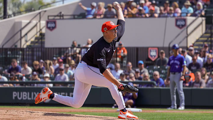 Mar 3, 2025; Lakeland, Florida, USA; Detroit Tigers pitcher Tarik Skubal (29) pitches during the first inning against the Toronto Blue Jays at Publix Field at Joker Marchant Stadium. 