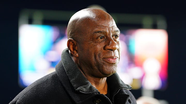 Nov 23, 2024; Kansas City, Missouri, USA; Magic Johnson attends the 2024 NWSL Championship match at CPKC Stadium. Mandatory Credit: Denny Medley-Imagn Images