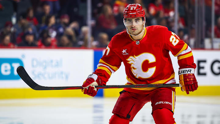 Calgary Flames right wing Matt Coronato skates during the first period against the Colorado Avalanche.