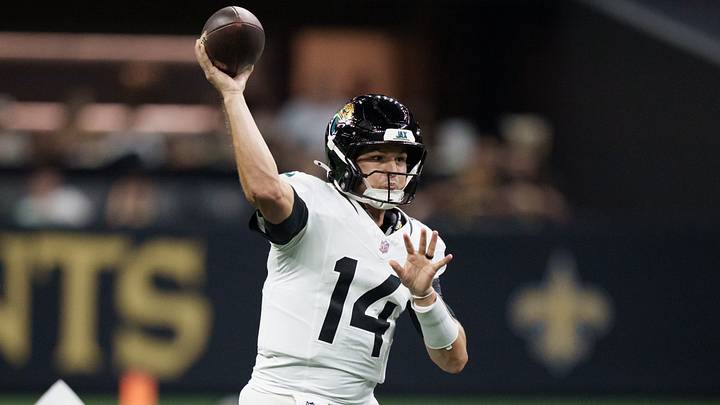 Aug 15, 2026; New Orleans, Louisiana, USA; Jacksonville Jaguars quarterback Nick Mullens (14) throws against the New Orleans Saints during the first quarter at Caesars Superdome. Mandatory Credit: Matthew Hinton-Imagn Images Aug 15, 2026; New Orleans, Louisiana, USA; Jacksonville Jaguars quarterback Nick Mullens (14) throws against the New Orleans Saints during the first quarter at Caesars Superdome. Mandatory Credit: Matthew Hinton-Imagn Images