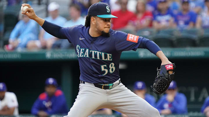 Seattle Mariners pitcher Luis Castillo throws during a game against the Texas Rangers on May 3 at Globe Life Field. Seattle Mariners pitcher Luis Castillo throws during a game against the Texas Rangers on May 3 at Globe Life Field.