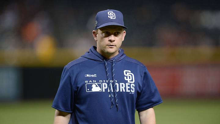 Sep 4, 2019; Phoenix, AZ, USA; San Diego Padres manager Andy Green (14) looks on against the Arizona Diamondbacks during the seventh inning at Chase Field. Mandatory Credit: Joe Camporeale-Imagn Images