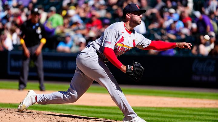 Sep 6, 2026; Denver, Colorado, USA;  St. Louis Cardinals relief pitcher Cooper Hjerpe (56) delivers a pitch in the fourth inning against the Colorado Rockies at Coors Field.  Mandatory Credit: Ron Chenoy-Imagn Images
