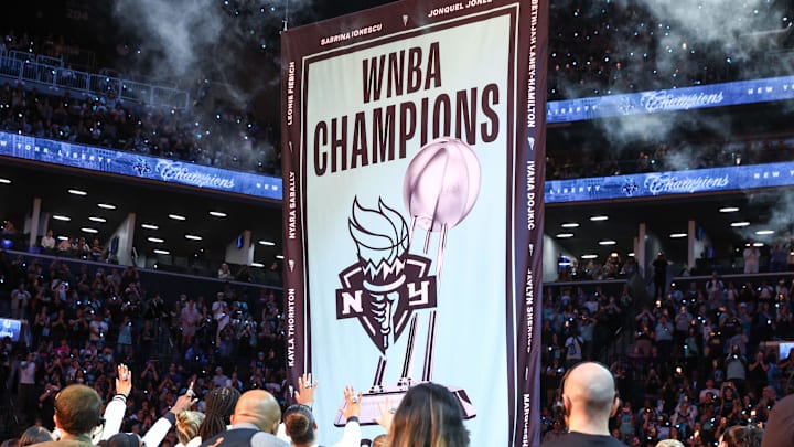 May 17, 2025; Brooklyn, New York, USA; The 2024 WNBA Championship banner at Barclays Center. Mandatory Credit: Wendell Cruz-Imagn Images May 17, 2025; Brooklyn, New York, USA; The 2024 WNBA Championship banner at Barclays Center. Mandatory Credit: Wendell Cruz-Imagn Images