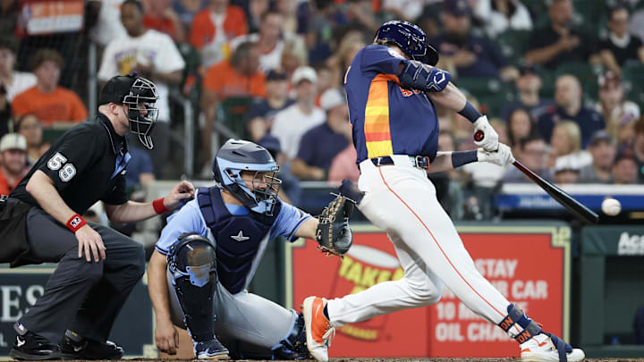 Jun 1, 2025; Houston, Texas, USA; Houston Astros center fielder Jacob Melton (31) hits a single against the Tampa Bay Rays in the fifth inning at Daikin Park. Mandatory Credit: Thomas Shea-Imagn Images Jun 1, 2025; Houston, Texas, USA; Houston Astros center fielder Jacob Melton (31) hits a single against the Tampa Bay Rays in the fifth inning at Daikin Park. Mandatory Credit: Thomas Shea-Imagn Images