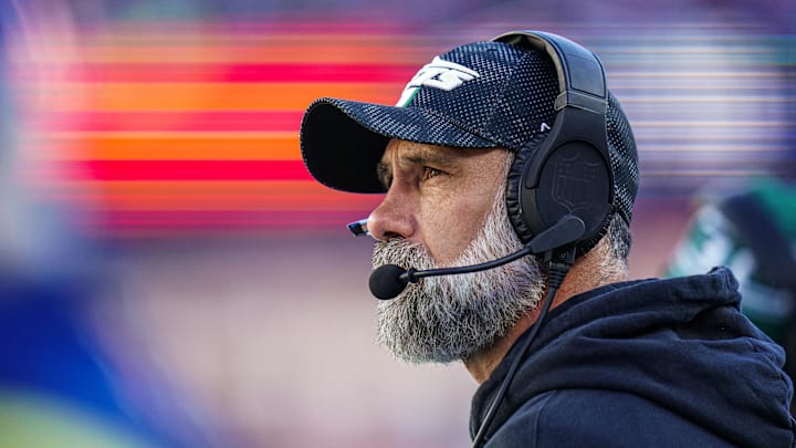 Oct 27, 2024; Foxborough, Massachusetts, USA; New York Jets interim head coach Jeff Ulbrich watches from the sideline as they take on the New England Patriots at Gillette Stadium.