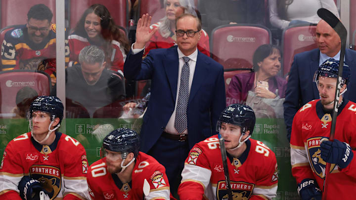 Apr 15, 2026; Sunrise, Florida, USA; Florida Panthers head coach Paul Maurice reacts from the bench against the Detroit Red Wings during the third period at Amerant Bank Arena. Mandatory Credit: Sam Navarro-Imagn Images