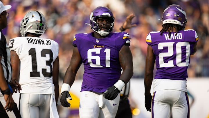 Vikings defensive tackle Jalen Redmond plays against the Las Vegas Raiders in NFL preseason action. Vikings defensive tackle Jalen Redmond plays against the Las Vegas Raiders in NFL preseason action.