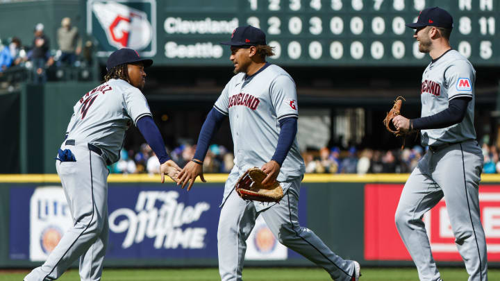 Apr 3, 2024; Seattle, Washington, USA; Cleveland Guardians designated hitter Jose Ramirez (11, left) celebrates with first baseman Josh Naylor (22, middle) and first baseman David Fry (6, right) following an 8-0 victory against the Seattle Mariners at T-Mobile Park. Mandatory Credit: Joe Nicholson-USA TODAY Sports Apr 3, 2024; Seattle, Washington, USA; Cleveland Guardians designated hitter Jose Ramirez (11, left) celebrates with first baseman Josh Naylor (22, middle) and first baseman David Fry (6, right) following an 8-0 victory against the Seattle Mariners at T-Mobile Park. Mandatory Credit: Joe Nicholson-USA TODAY Sports
