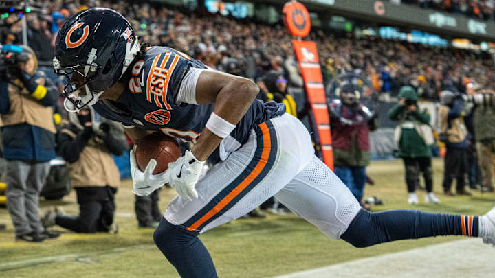 Chicago Bears wide receiver Jahdae Walker catches a touchdown pass during the fourth quarter of their game Saturday, December 20, 2025 at Soldier Field in Chicago, Illinois. The Chicago Bears beat the Green Bay Packers 22-16 in overtime.
