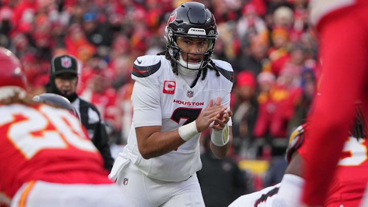 Houston Texans quarterback C.J. Stroud (7) readies for the snap during the first half of a 2025 AFC divisional round game at GEHA Field at Arrowhead Stadium.