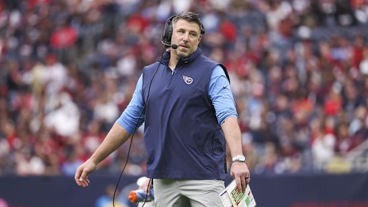 Dec 31, 2023; Houston, Texas, USA; Tennessee Titans head coach Mike Vrabel reacts after a play during the first quarter against the Houston Texans at NRG Stadium.