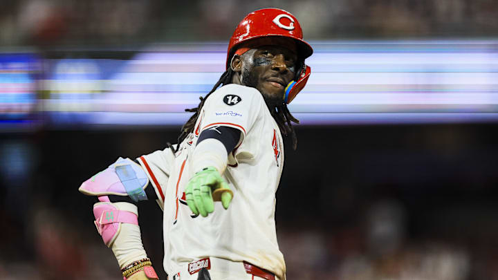 Jun 23, 2025; Cincinnati, Ohio, USA; Cincinnati Reds shortstop Elly De La Cruz (44) reacts after hitting a solo home run in the eighth inning against the New York Yankees at Great American Ball Park. Mandatory Credit: Katie Stratman-Imagn Images