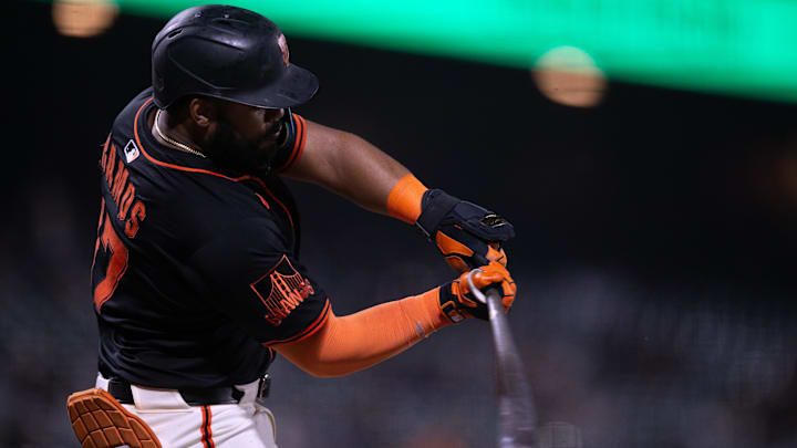 Mar 24, 2025; San Francisco, California, USA; San Francisco Giants left fielder Heliot Ramos (17) connects for an RBI single against the Detroit Tigers during the fifth inning at Oracle Park. Mar 24, 2025; San Francisco, California, USA; San Francisco Giants left fielder Heliot Ramos (17) connects for an RBI single against the Detroit Tigers during the fifth inning at Oracle Park.