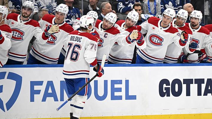 Sep 29, 2026; Toronto, Ontario, CAN;  Montreal Canadiens forward Zachary Bolduc (76) is congratulated by team mates at the bench after scoring a goal against the Toronto Maple Leaafs in the second period at Scotiabank Arena.  Mandatory Credit: Dan Hamilton-Imagn Images