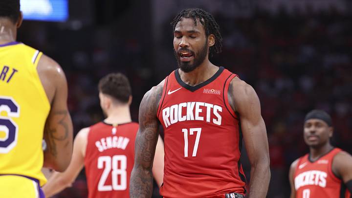 Apr 24, 2026; Houston, Texas, USA; Houston Rockets forward Tari Eason (17) reacts after a play during the first quarter against the Los Angeles Lakers during game three of the first round of the 2026 NBA Playoffs at Toyota Center. Mandatory Credit: Troy Taormina-Imagn Images Apr 24, 2026; Houston, Texas, USA; Houston Rockets forward Tari Eason (17) reacts after a play during the first quarter against the Los Angeles Lakers during game three of the first round of the 2026 NBA Playoffs at Toyota Center. Mandatory Credit: Troy Taormina-Imagn Images
