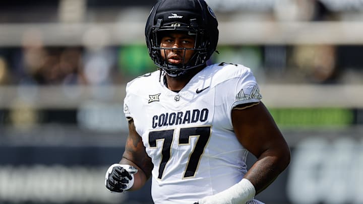 Apr 19, 2025; Boulder, CO, USA; Colorado Buffaloes offensive tackle Jordan Seaton (77) during the spring game at Folsom Field. Mandatory Credit: Isaiah J. Downing-Imagn Images