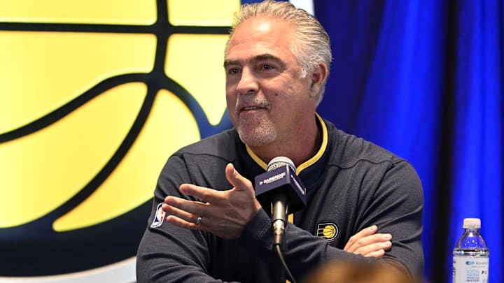 Jan 30, 2023; Indianapolis, IN, USA; Indiana Pacers president of basketball operations Kevin Pritchard speaks during an Indiana Pacers press conference to announce the contract extension of center Miles Turner at Gainsbridge Fieldhouse. Mandatory Credit: Marc Lebryk-Imagn Images Jan 30, 2023; Indianapolis, IN, USA; Indiana Pacers president of basketball operations Kevin Pritchard speaks during an Indiana Pacers press conference to announce the contract extension of center Miles Turner at Gainsbridge Fieldhouse. Mandatory Credit: Marc Lebryk-Imagn Images