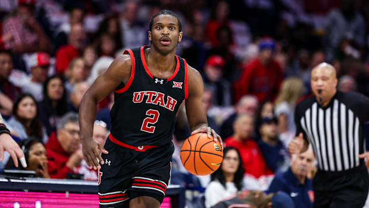 Feb 26, 2025; Tucson, Arizona, USA; Utah Utes forward Ezra Ausar (2) dribbles the ball during the first half against the Arizona Wildcats at McKale Center. Mandatory Credit: Aryanna Frank-Imagn Images Feb 26, 2025; Tucson, Arizona, USA; Utah Utes forward Ezra Ausar (2) dribbles the ball during the first half against the Arizona Wildcats at McKale Center. Mandatory Credit: Aryanna Frank-Imagn Images