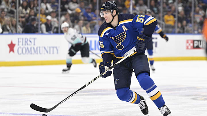 Apr 14, 2024; St. Louis, Missouri, USA; St. Louis Blues defenseman Colton Parayko (55) skates against the Seattle Kraken during the second period at Enterprise Center. Mandatory Credit: Jeff Le-USA TODAY Sports