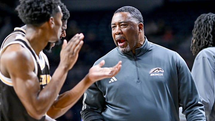 Dec 5, 2023; South Bend, Indiana, USA; Western Michigan Broncos head coach Dwayne Stephens talks to his players in the first half against the Notre Dame Fighting Irish at the Purcell Pavilion. Mandatory Credit: Matt Cashore-Imagn Images