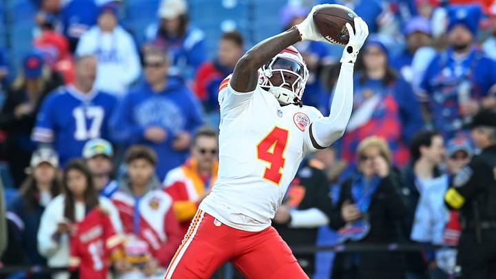 Kansas City Chiefs wide receiver Rashee Rice (4) warms up before a game against the Buffalo Bills at Highmark Stadium. Mandatory Credit: Mark Konezny-Imagn Images