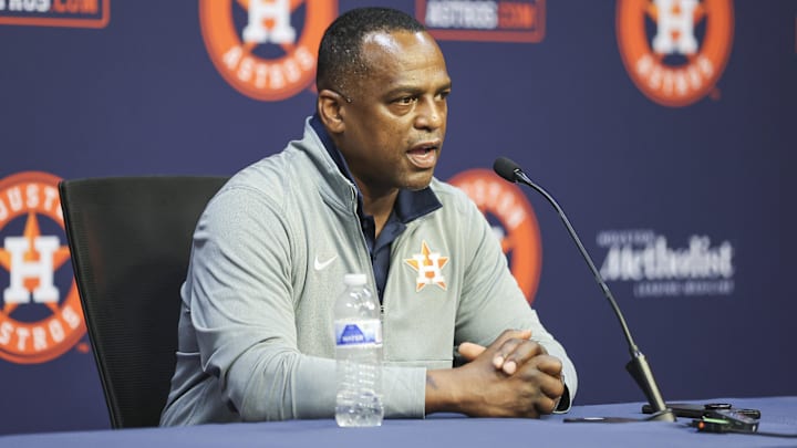 Aug 1, 2023; Houston, Texas, USA; Houston Astros general manager Dana Brown speaks with media before the game against the Cleveland Guardians at Minute Maid Park