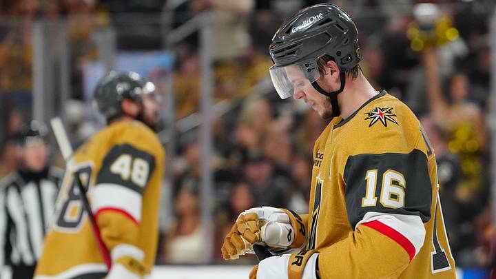 Jun 14, 2026; Las Vegas, Nevada, USA; Vegas Golden Knights right wing Pavel Dorofeyev (16) reacts during the third period against the Carolina Hurricanes in game six of the 2026 Stanley Cup Final at T-Mobile Arena. Mandatory Credit: Stephen R. Sylvanie-Imagn Images