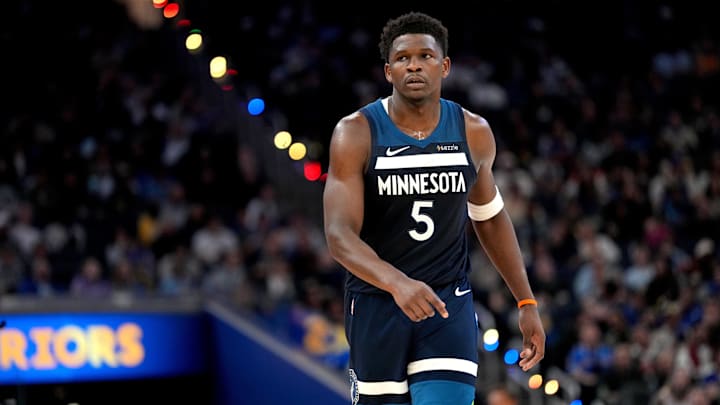 Mar 13, 2026; San Francisco, California, USA; Minnesota Timberwolves guard Anthony Edwards (5) walks on the court during a break in the action against the Golden State Warriors in the third quarter at the Chase Center. Mandatory Credit: Cary Edmondson-Imagn Images