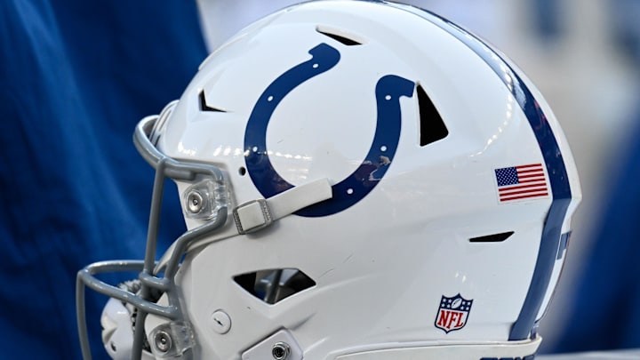 Dec 1, 2024; Foxborough, Massachusetts, USA; An Indianapolis Colts helmet sits on an equipment case during the first half against the New England Patriots at Gillette Stadium. 