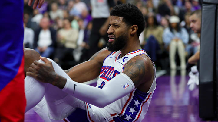 Jan 1, 2025; Sacramento, California, USA; Philadelphia 76ers forward Paul George (8) reacts after a play during the second quarter against the Sacramento Kings at Golden 1 Center. Mandatory Credit: Sergio Estrada-Imagn Images