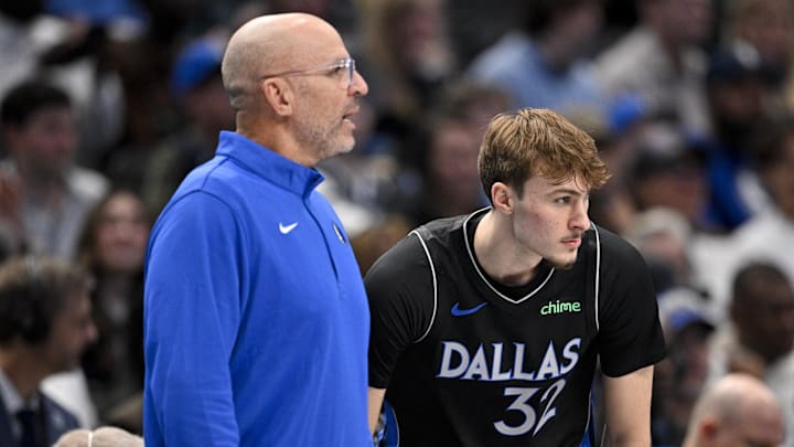 Nov 22, 2025; Dallas, Texas, USA; Dallas Mavericks head coach Jason Kidd and forward Cooper Flagg (32) look on during the second quarter against the Memphis Grizzlies at the American Airlines Center. Mandatory Credit: Jerome Miron-Imagn Images